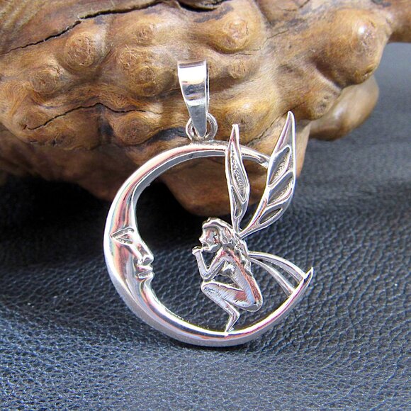 Solid 925 Sterling Silver Fairy on Crescent Moon Pendant - Fairycore Jewelry - Picture 1 of 7